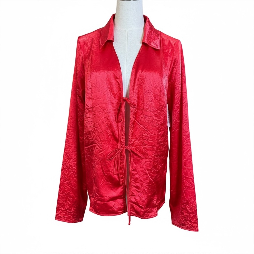NWT Free People Crushed Satin Tie-Front Blouse in Lipstick Red | Size L